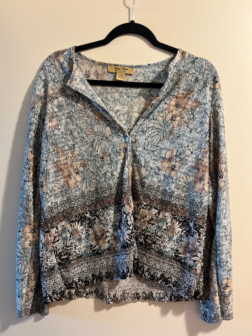 RAFAEL Floral Button-Front Long Sleeve Top in Blue & Tan